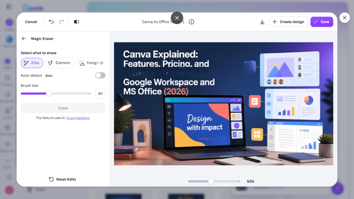 I Tested Canva's AI Photo Editing Tools — Magic Studio for Photos, Reviewed (2026) 11 SCREENSHOT:the after result, showing all three elements cleanly removed
