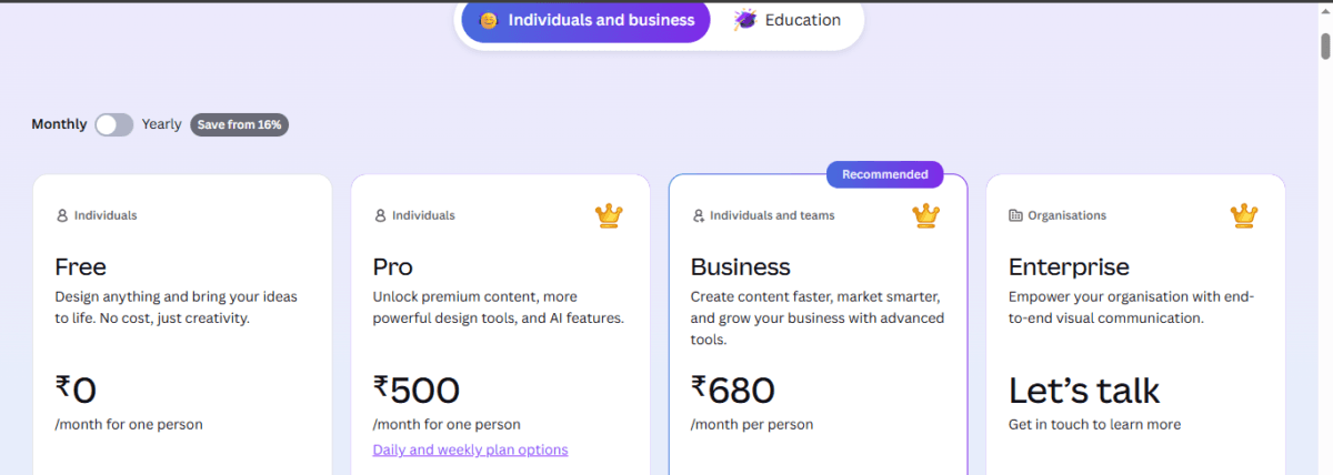 Canva Explained: Features, Pricing, and How It Compares to Google Workspace and MS Office (2026) 4 Canva Mothly Pricing India Screenshot