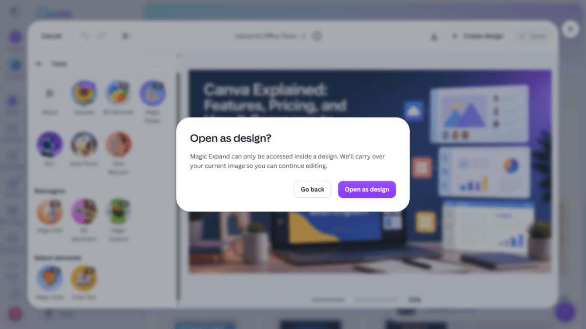 I Tested Canva's AI Photo Editing Tools — Magic Studio for Photos, Reviewed (2026) 12 SCREENSHOT:the "Open as design?" prompt