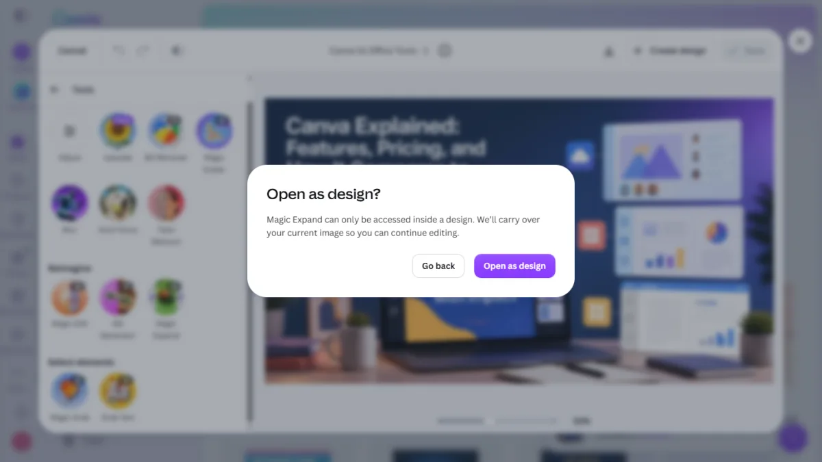 I Tested Canva's AI Photo Editing Tools — Magic Studio for Photos, Reviewed (2026) 13 SCREENSHOT:the "Open as design?" prompt