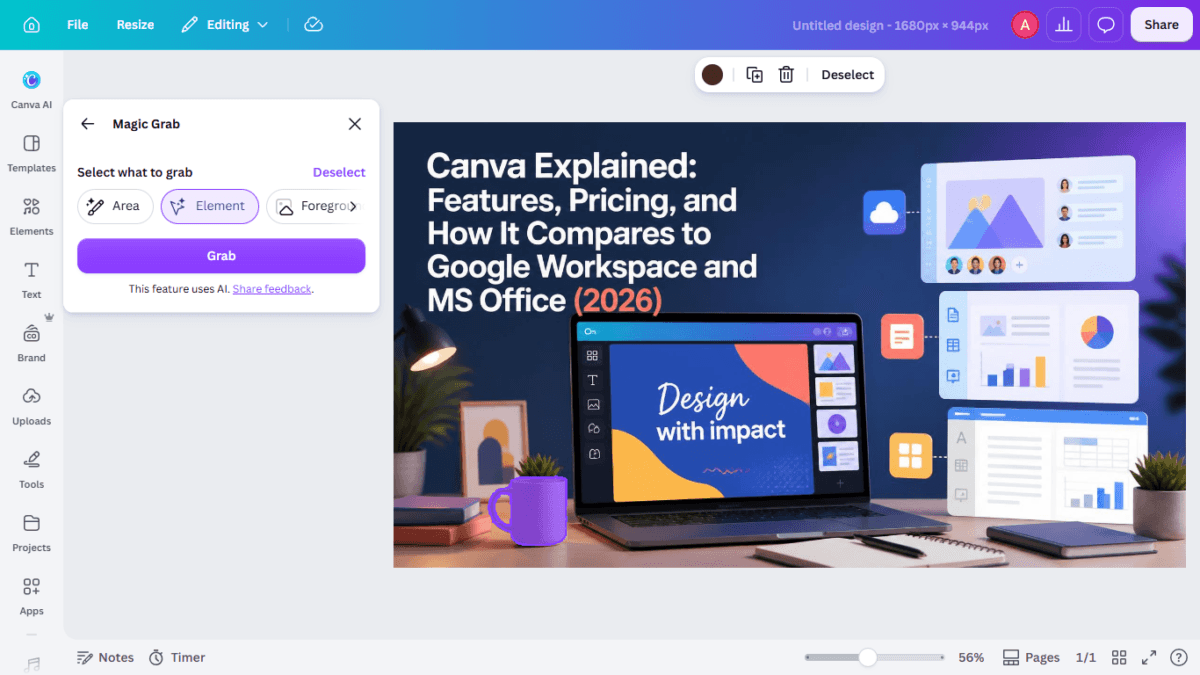 I Tested Canva's AI Photo Editing Tools — Magic Studio for Photos, Reviewed (2026) 16 SCREENSHOT:the mug auto-detected and selected via Element mode