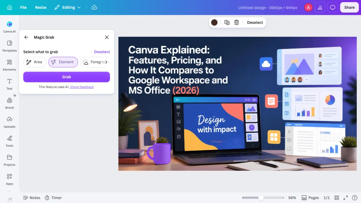 I Tested Canva's AI Photo Editing Tools — Magic Studio for Photos, Reviewed (2026) 17 SCREENSHOT:the mug auto-detected and selected via Element mode