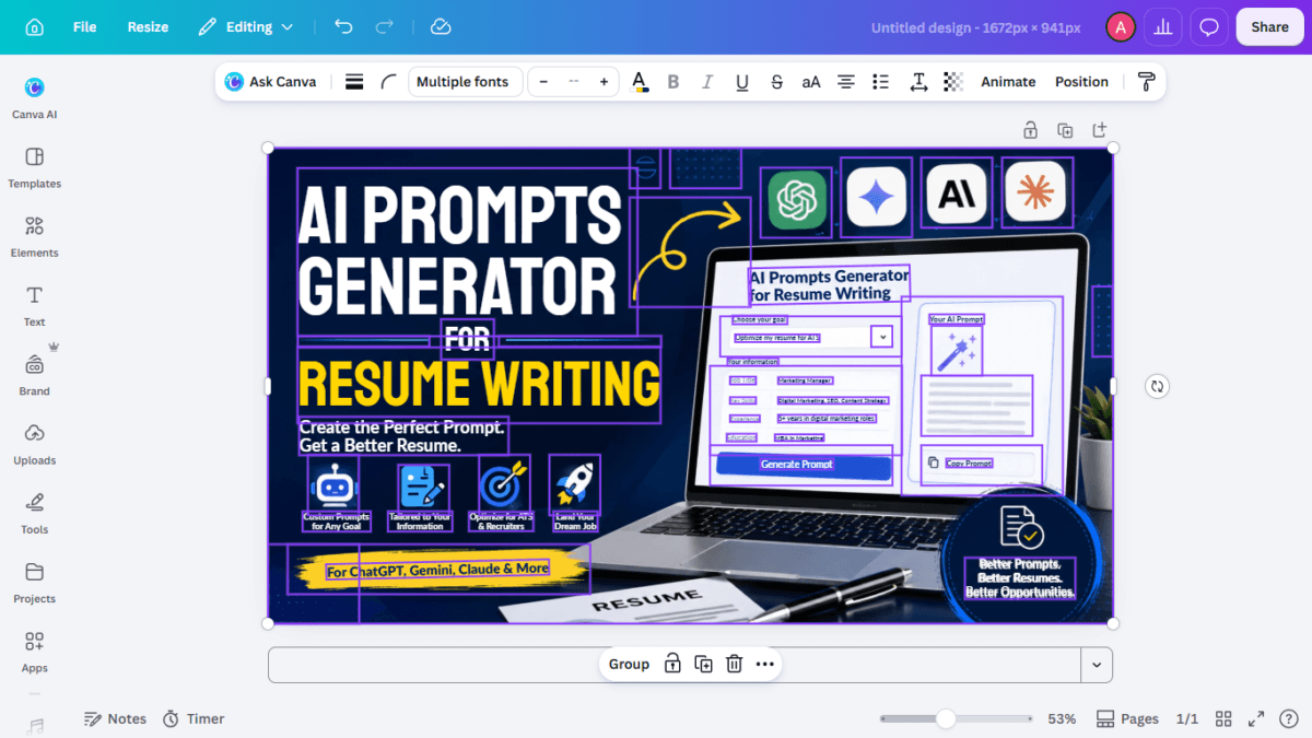 I Tested Canva's AI Photo Editing Tools — Magic Studio for Photos, Reviewed (2026) 4 SCREENSHOT:the banner with one text layer selected and highlighted, showing it's independently editable