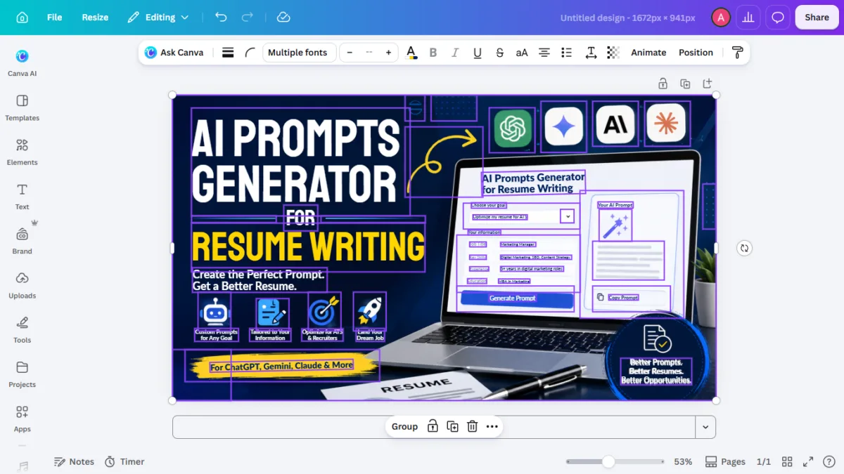I Tested Canva's AI Photo Editing Tools — Magic Studio for Photos, Reviewed (2026) 5 SCREENSHOT:the banner with one text layer selected and highlighted, showing it's independently editable