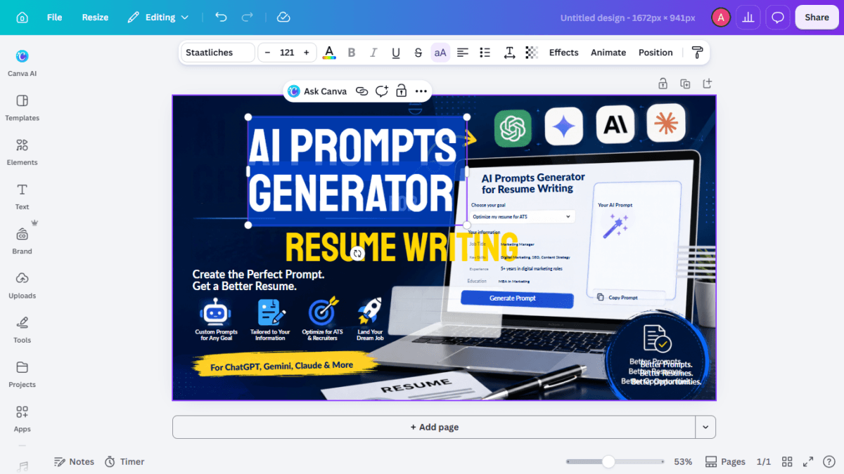 I Tested Canva's AI Photo Editing Tools — Magic Studio for Photos, Reviewed (2026) 5 SCREENSHOT:the fully expanded layer view, every element (heading, icons, laptop, resume photo, badge) boxed out separately