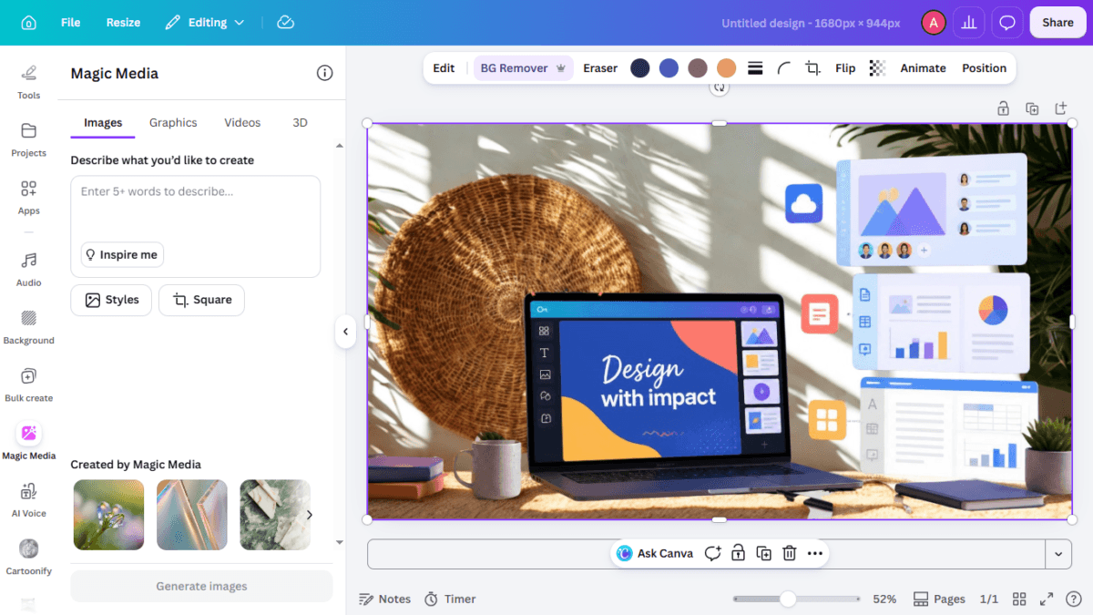I Tested Canva's AI Photo Editing Tools — Magic Studio for Photos, Reviewed (2026) 21 SCREENSHOT:the Magic Media panel, empty prompt box, and the "Created by Magic Media" history strip showing earlier generations