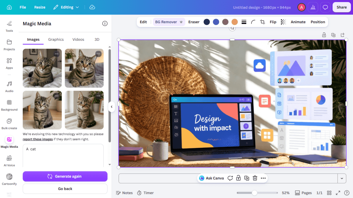 I Tested Canva's AI Photo Editing Tools — Magic Studio for Photos, Reviewed (2026) 22 SCREENSHOT:the four generated cat/kitten images with the "A cat" prompt and evolving-tech disclaimer visible