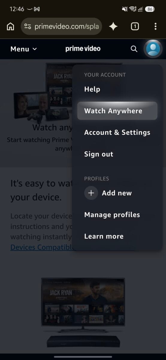 JioHome Free Amazon Prime Lite: Eligible Plans, Activation Steps and TV Setup (Tested on ₹899 AirFiber) 7 primevideo-profile-menu-watch-anywhere