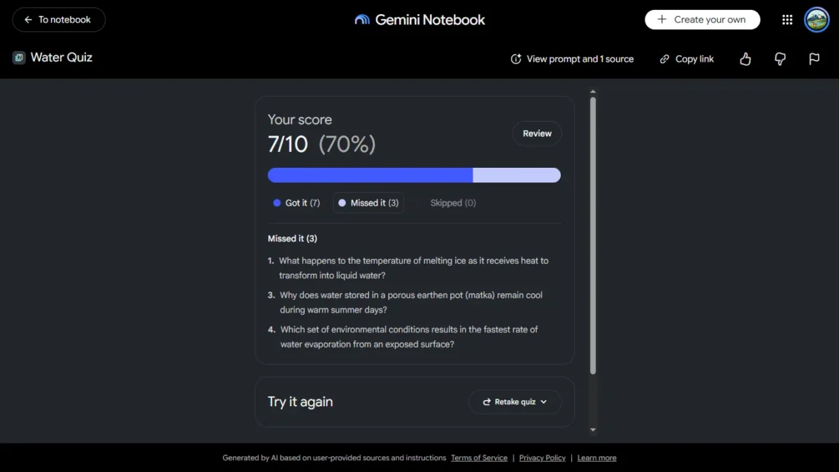 Gemini Notebook Now Has Free Textbooks for Students: I Tested It With an Indian Class 6 Science Book 11 Screenshot: the quiz results page showing 7/10 (70%)