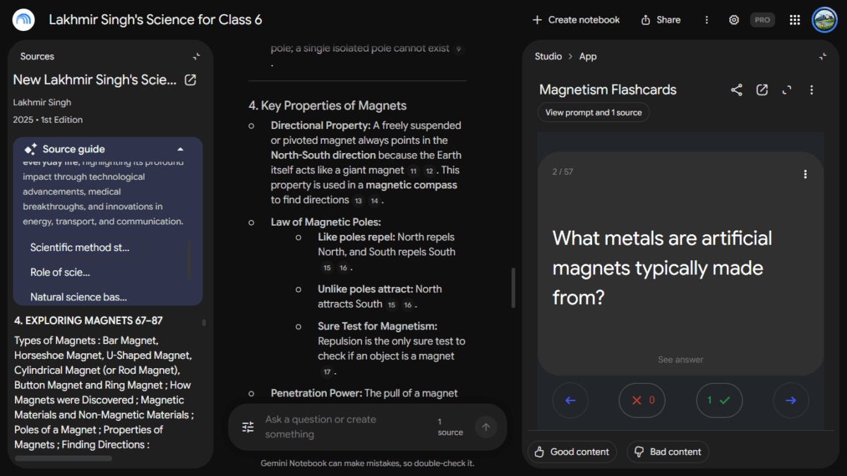 Gemini Notebook Now Has Free Textbooks for Students: I Tested It With an Indian Class 6 Science Book 8 Magnetism Flashcards deck in Gemini Notebook showing a card that asks what metals artificial magnets are made from