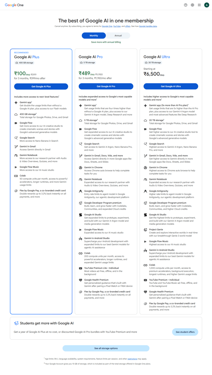 Google Gemini Price in India: AI Plus, Pro and Ultra Plans Compared (October 2026) 3 Screenshot : Google Gemini Price in India (2026): AI Plus, Pro and Ultra Plans