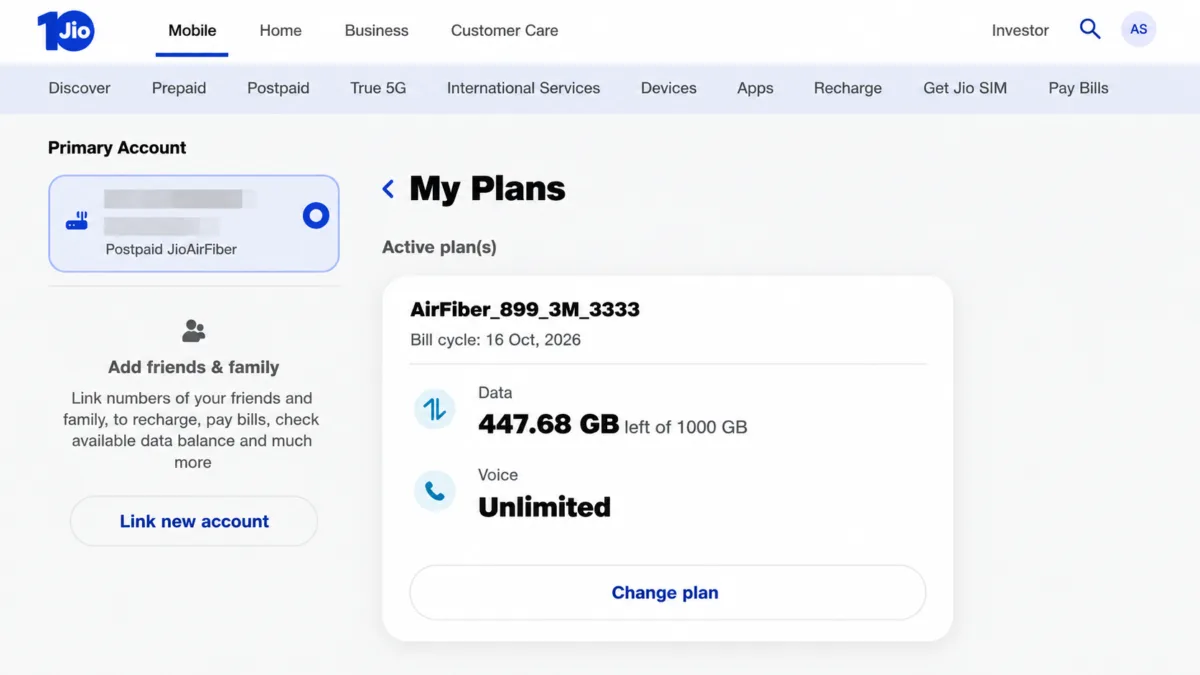 Screenshot : My JioAirFiber account showing the 1,000 GB monthly high-speed data allowance.