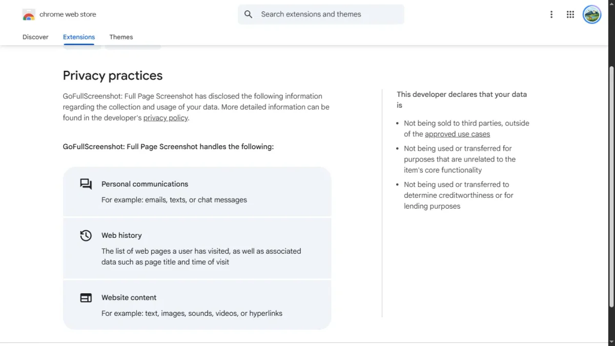 Screenshot : Privacy Notes From Chrome Webstore Of GoFullScreenshot