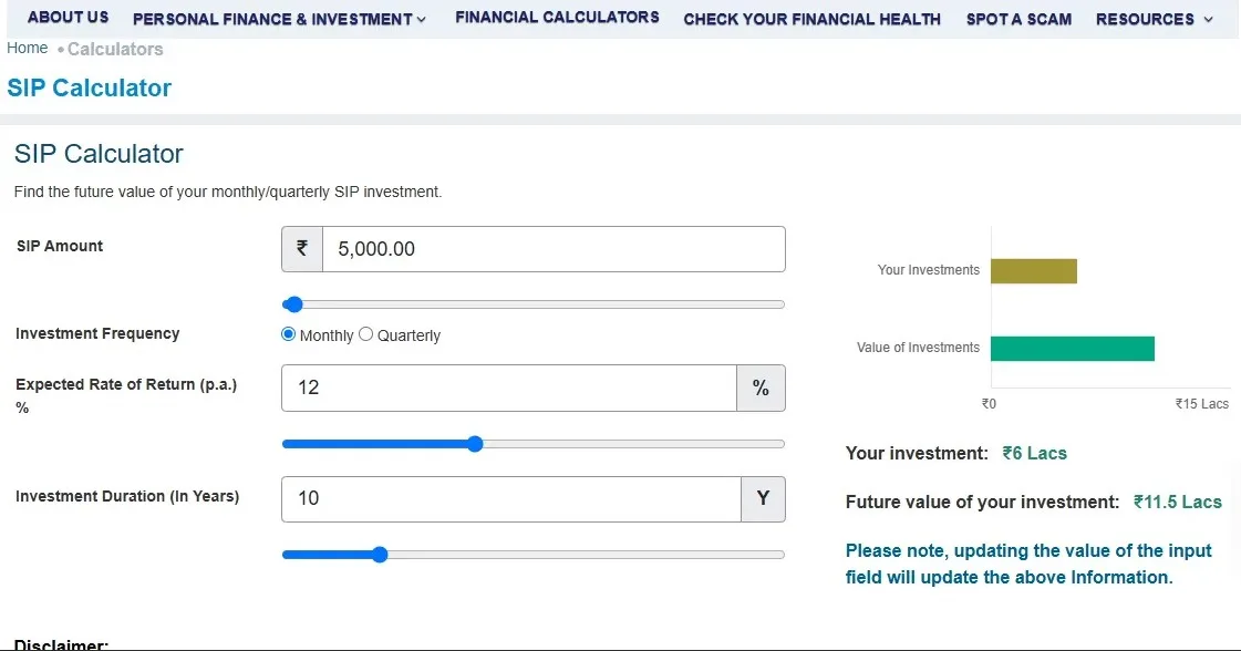 SIP Planner & SIP Calculator App Review (2026): Features, Accuracy, Pros & Cons 6 Screenshot : SIP calculation On SEBI website