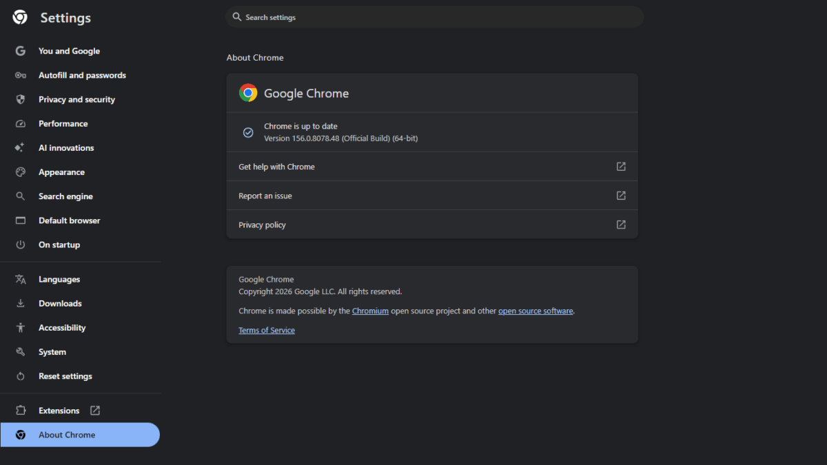 Chrome 156 Update: 353 Security Fixes, 6 Critical Bugs – What to Do Now 3 Screenshot chrome 156 update : Chrome About page showing version 156.0.8078.48 on Windows