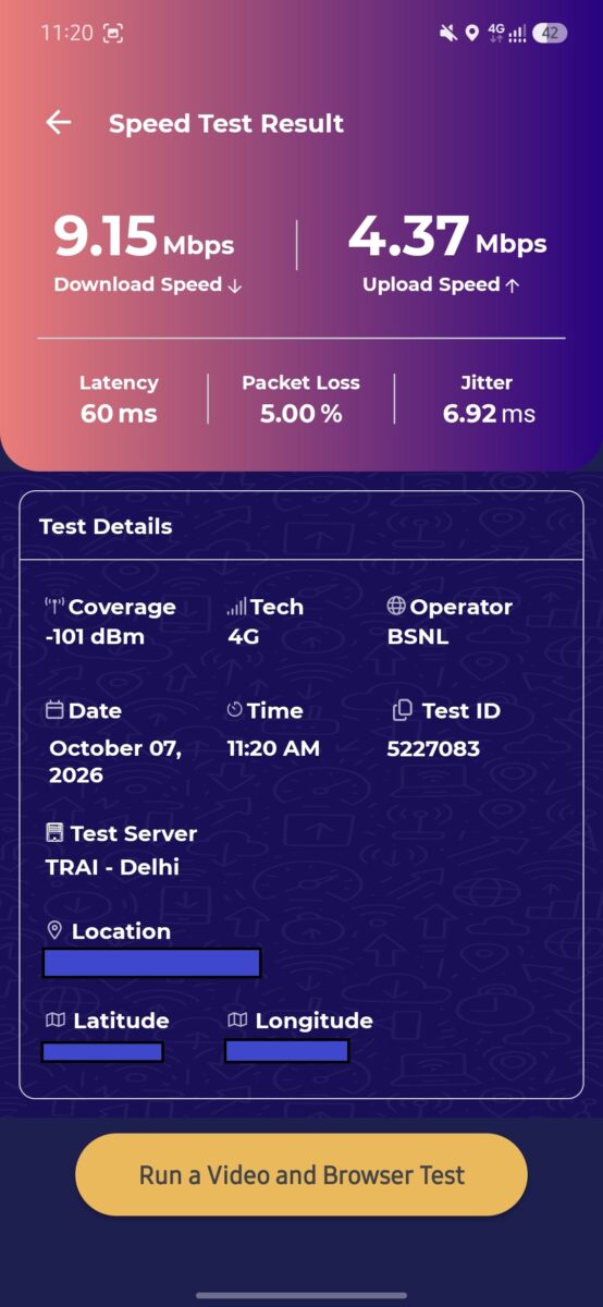 India Mobile Congress 2026: What It Is and Why Indoor 5G Still Matters 6 BSNL 4G speed test inside my home, 11:20 AM (5% packet loss)