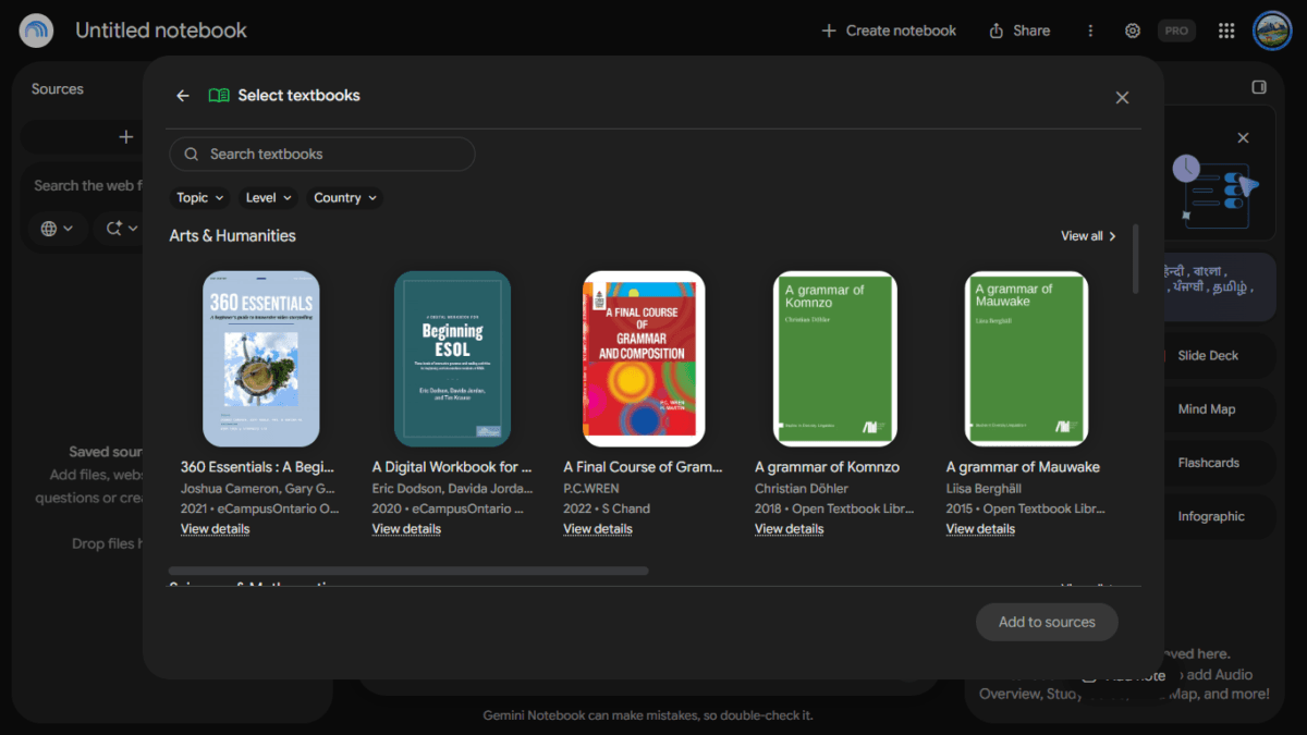 Gemini Notebook Now Has Free Textbooks for Students: I Tested It With an Indian Class 6 Science Book 5 Screenshot : Books available in source in Gemini Notebook textbooks India