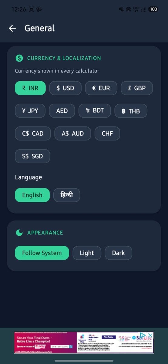 SIP Planner & SIP Calculator App Review (2026): Features, Accuracy, Pros & Cons 13 Screenshot : General Settings to set Hindi