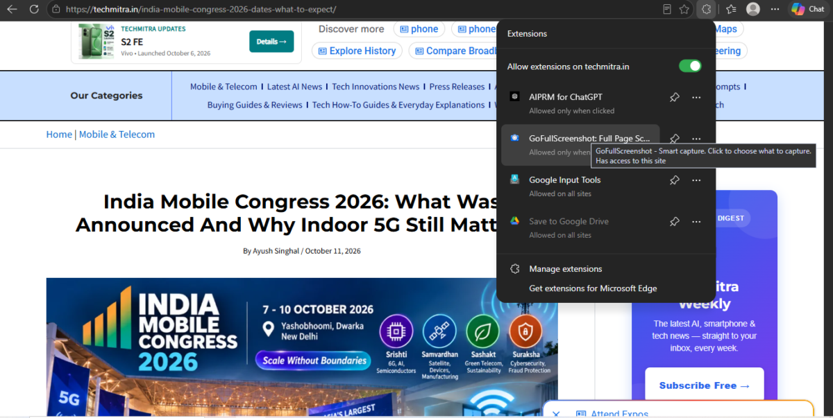 GoFullScreenshot full webpage screenshot extension installed in Microsoft Edge
