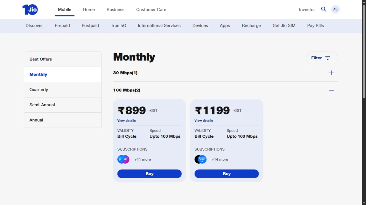 Screenshot jio 100 mbps plan