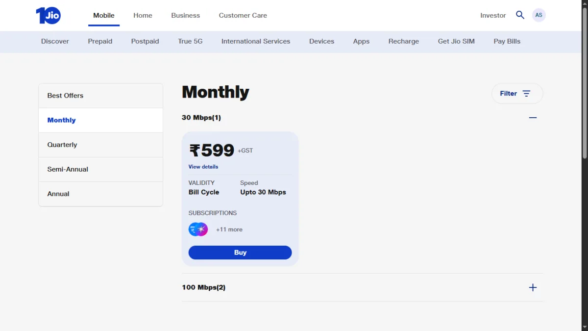 Screenshot jio 599 plan
