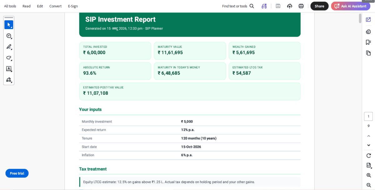 SIP Planner & SIP Calculator App Review (2026): Features, Accuracy, Pros & Cons 15 Screenshot-PDF-report-of-SIP-calculator
