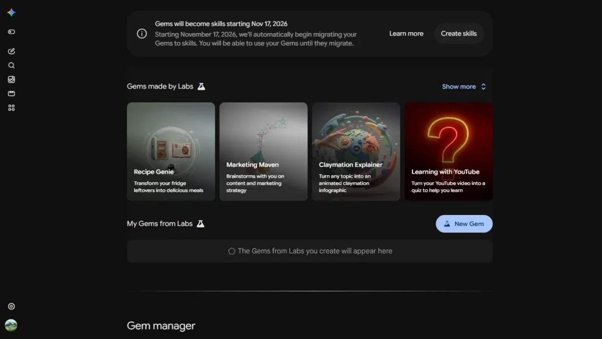 Gemini 4 Argon Launched, But It Isn't Publicly Available Yet : Gemini Updates This Week 3 Gemini web Gems page with a banner saying Gems will become skills starting November 17, 2026, and Gems stay usable until migrated