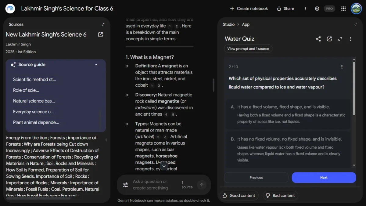 Gemini Notebook Now Has Free Textbooks for Students: I Tested It With an Indian Class 6 Science Book 10 Screenshot of quiz generated in Gemini
