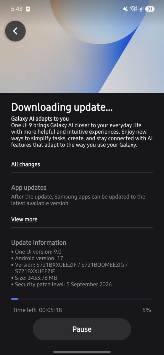 Screenshot of the One UI 9.0 update download here