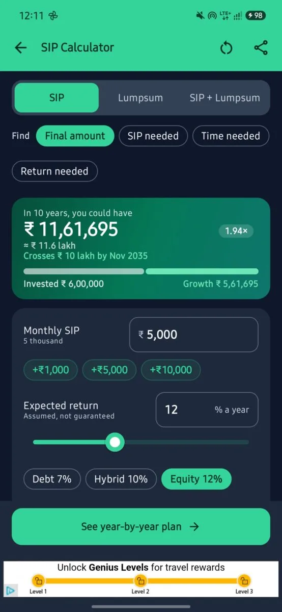 SIP Planner & SIP Calculator App Review (2026): Features, Accuracy, Pros & Cons 7 Screenshot : SIP Calculation On SIP Planner & Calculation APP