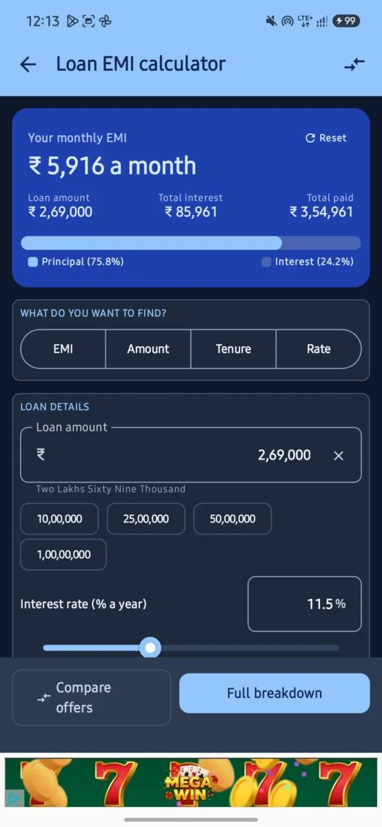 SIP Planner & SIP Calculator App Review (2026): Features, Accuracy, Pros & Cons 8 Screenshot : Loan EMI Calculation ON SIP Planner & Calculation APP