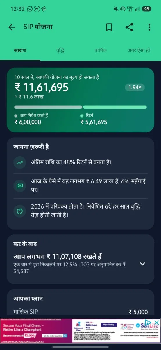 SIP Planner & SIP Calculator App Review (2026): Features, Accuracy, Pros & Cons 12 Screenshot : Tax & inflation calculation in Hindi