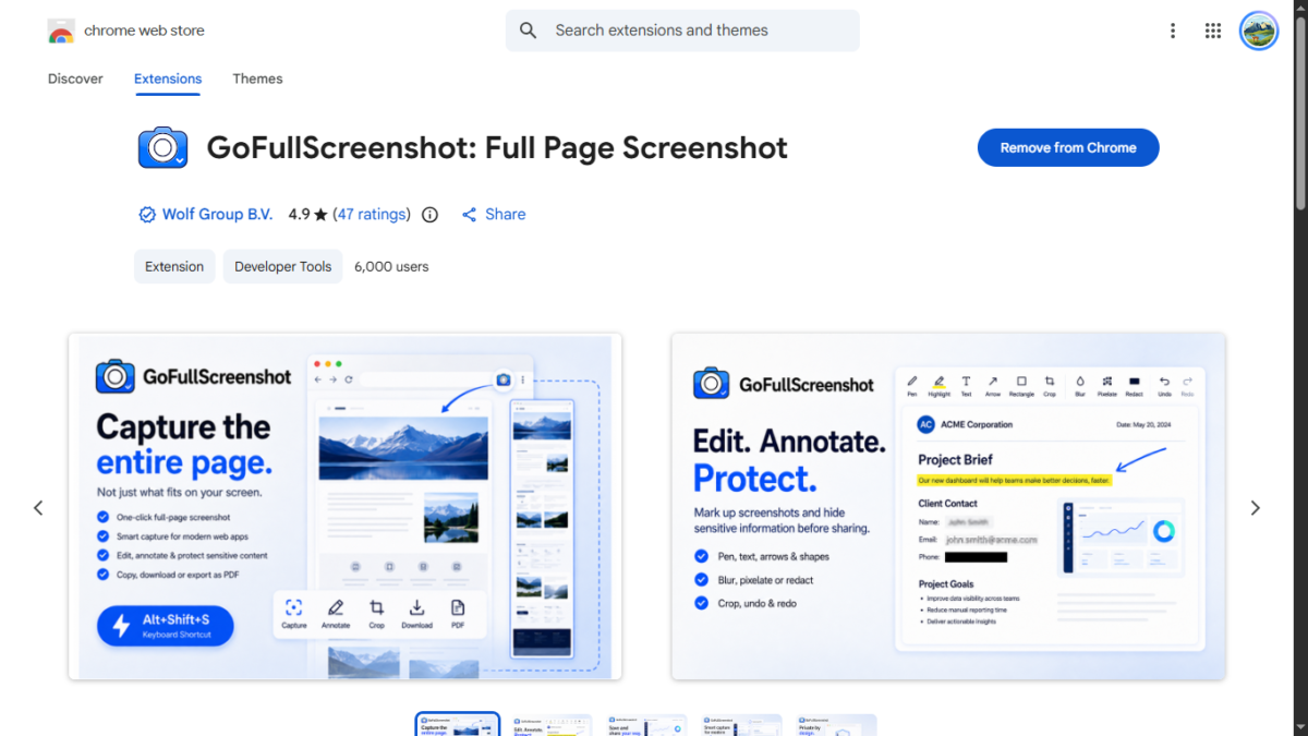 Screenshot Of GoFullScreenshot chrome extension store