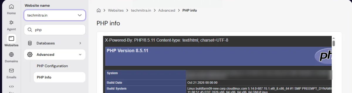 PHP2Shell Vulnerability: How to Check Whether Your Website Is Already Patched 3 creenshot : PHP Info page in Hostinger hPanel showing PHP 8.5.11 with a build date of October 21, 2026